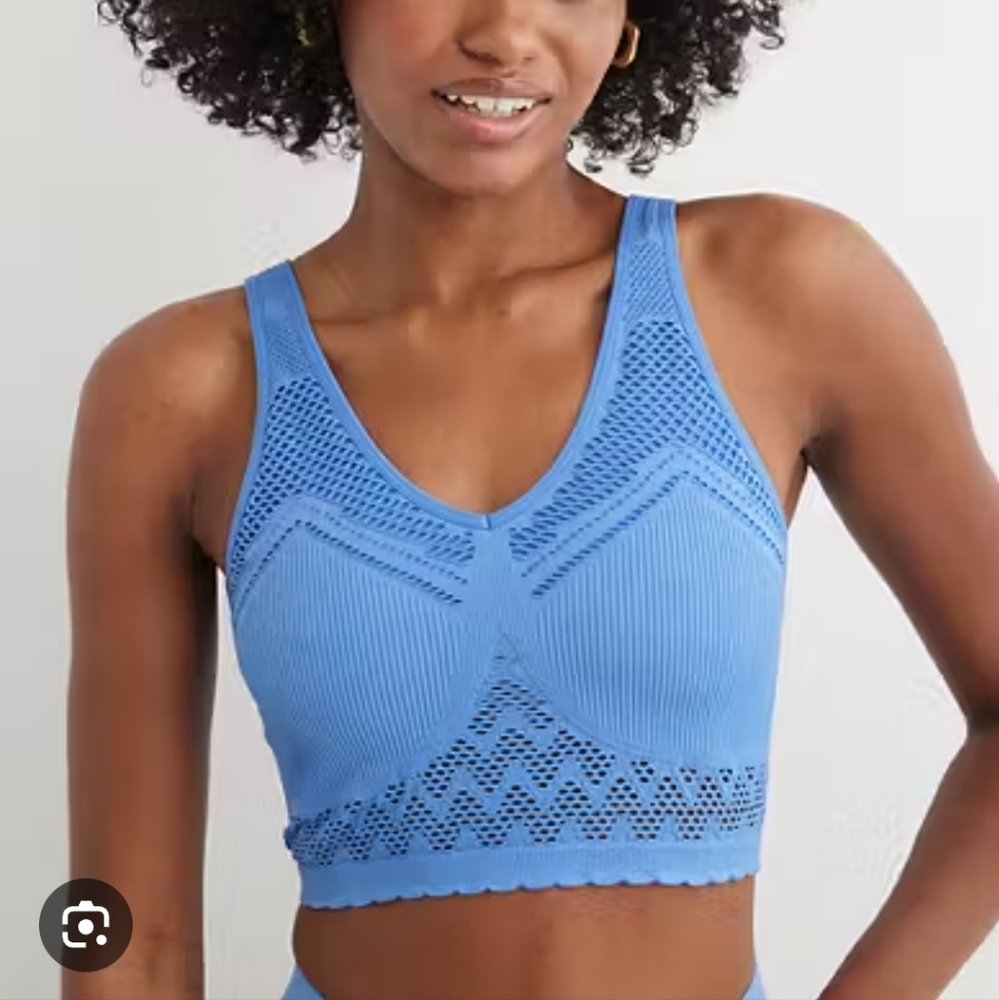 NEW! Aerie Superchill Seamless Bra Top Eyelet Lace Bralette Laser Cut Blue